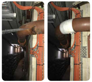 Reparación de tubería en planta eléctrica con el vendaje de reparación de tuberías Rapp-it