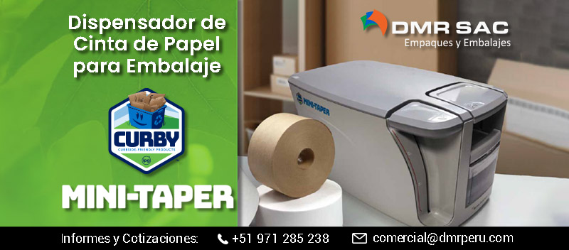 Portada: dispensador de cinta de papel activada por agua Curby Mini-Taper para empaques y embalajes