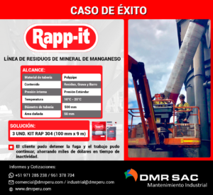 Reparacion de tubería de desechos de mineral de manganeso con vendaje de reparación de tuberías Rapp-it