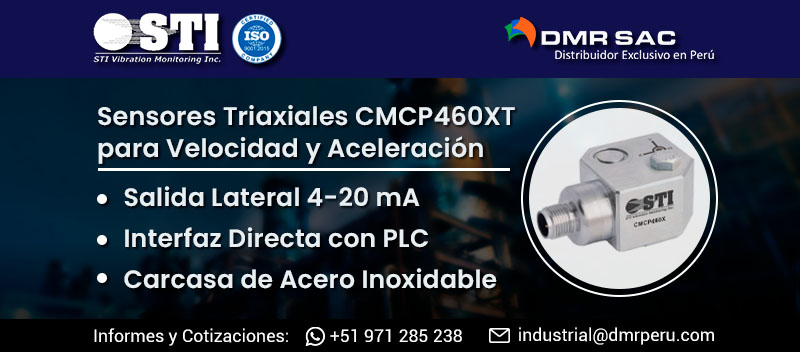 portada: Sensores triaxiales de velocidad y aceleración con salida 4-20mA CMCP460XT de STI para mantenimiento predictivo en minería